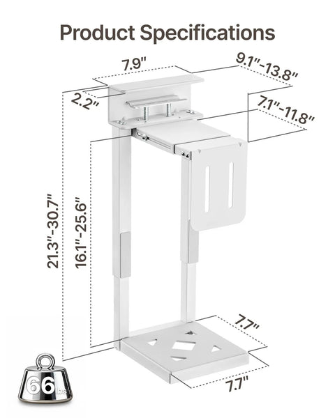 Under Desk PC Mount, Beefy Heavy-Duty Adjustable CPU Holder For Standing Desk, Gaming And Home Office Setup, Fits Most PC Cases 16.1 To 25.6 Inches High, Space Saving CPU Mount, Supports Up To 66 Lbs, White with product dimensions.