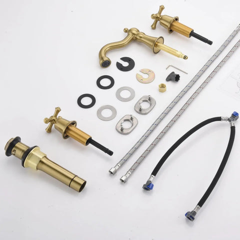 Brushed Gold Widespread Bathroom Faucet 8 Inch 3 Hole With Two Cross Handle Knobs And Drain For Vanity Sink Tap Vintage Classic Style