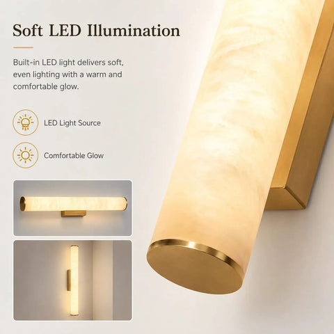 Soft LED illumination of JCQASRT 19.69 in Modern Wall Sconce, resin shade and brass gold base in a warm glow.