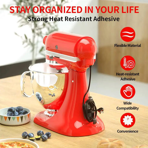 Red mixer showing Six Pack Heat Resistant Kitchen Appliance Cord Winders And Cord Organizers For Mixers Toasters And Air Fryers.