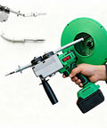 No Sweat Cordless Wire Fish Tape Rig Featuring Adjustable Torque Up To 550Nm And Lightning Speeds For Stress Free Conduit Runs Includes 98 Ft Heavy Duty Nylon Lead Line, showcasing a handheld unit for wire fishing.