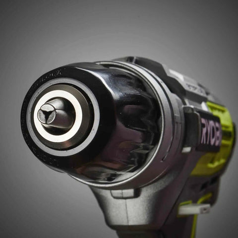 Close-up of the chuck on the Professional Grade Brushless Percussion Drill With Killer Torque And All Metal Chuck 18 Volt Cordless Power Tool.