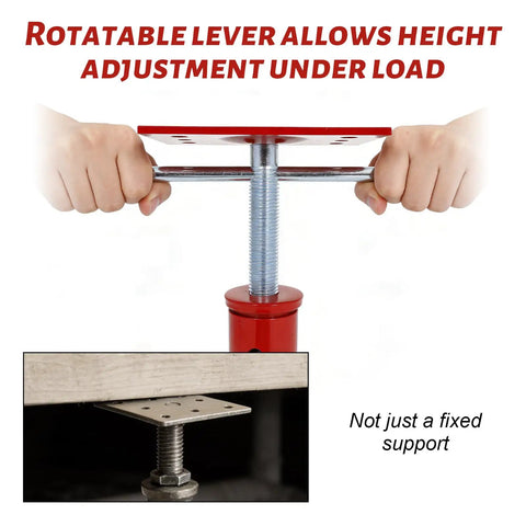 Real Deal Heavy Duty Adjustable House Floor Jacks Rated At 17500 Lbs, showing rotatable lever for height adjustment under load.