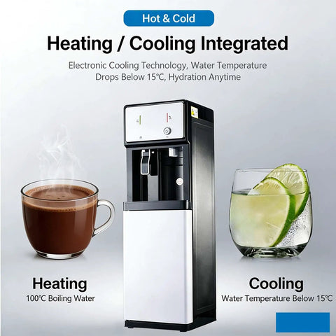 Bottom Loading Floor Standing Water Dispenser With Three Temperature Settings Hot Cold And Room Temp. Hot coffee and cool water displayed.