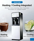 Game Changing Bottom Load Water Cooler With Triple Temp Settings Floor Standing Drink Dispenser For Tea Coffee And Office Use Zero Hassle Refills And Quiet Operation. Image of a hot and cold water cooler with coffee and iced drink.