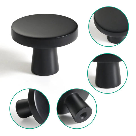 Matte Black Cabinet Knobs Set Ten Pack One And A Quarter Inch Round Solid Zinc Alloy Drawer Pulls For Kitchen Cabinets