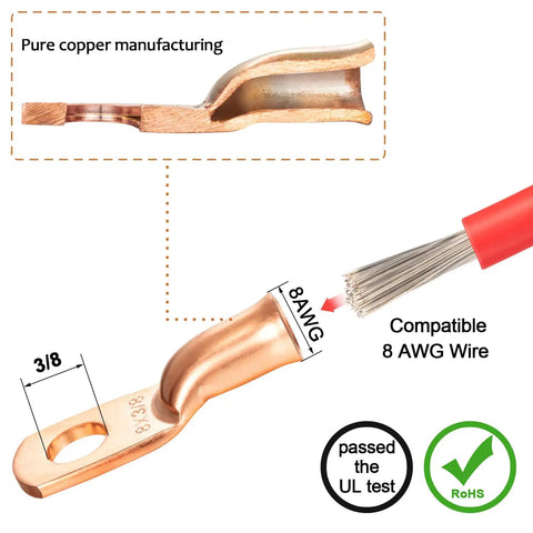 UL Tested 10 Pack 8 AWG Heavy Duty Copper Ring Terminals Set With Three Eighths Inch Ring And Heat Shrink Tubes For Battery Cables