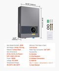 Heavy Duty 36KW Tankless Electric Water Heater 240V with LCD screen, carbon steel construction, dimensions 21.14 x 13.74 x 5.31 inches.