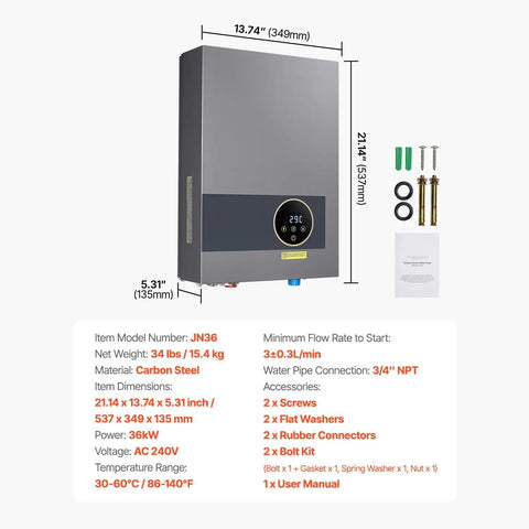 Heavy Duty 36KW Tankless Electric Water Heater 240V with LCD screen, carbon steel construction, dimensions 21.14 x 13.74 x 5.31 inches.