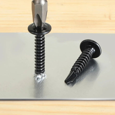 Black Self Tapping Screws Assortment Kit 190 Pieces Stainless Steel 410 Self Drilling Screws For Metal Wood Plastic With Truss Head Eight By One Half Inch Eight By Three Quarters Inch Eight By One Inch, shown drilled into metal surface with truss head visible.