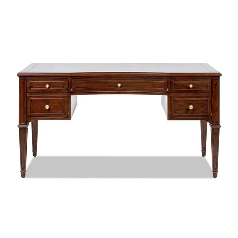 Rock Solid Grey Cashmere Rubber Wood Computer Desk With Smooth Height Adjustment And Badass Aesthetic Perfect For Gaming Setup Or Compact Home Office Workspace, showing elegant design with gold handles and five drawers.