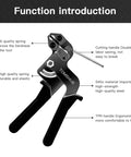 Heavy Duty Stainless Steel Cable Tie Gun Kit With 100 11.8 Inch Zip Ties, ergonomic black handle and spring details.