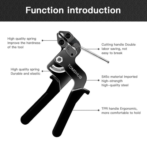 Heavy Duty Stainless Steel Cable Tie Gun Kit With 100 11.8 Inch Zip Ties, ergonomic black handle and spring details.