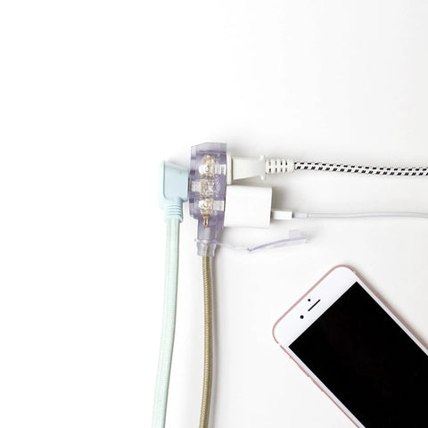 Designer Gold Fabric Extension Cord 9 Foot Length With 3 Polarized Outlets Right Angle Plug 125 Volt Patent Pending in use with devices