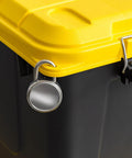 Top Shelf 21 Gallon Storage Totes 4 Pack Heavy Duty Lockable Bins With Airtight Weatherproof Gasket Seal Keeps Your Loot Safe And Sound Black Yellow Made In Usa close-up of yellow lid and metal lock
