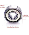 608ZZ Double Shielded Miniature Ball Bearings Set Of Twenty Hardened Steel Axles showing dimensions 8x22x7mm for precise fitting.