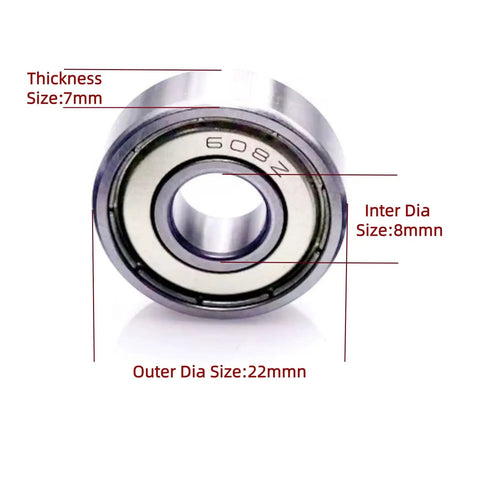 608ZZ Double Shielded Miniature Ball Bearings Set Of Twenty Hardened Steel Axles showing dimensions 8x22x7mm for precise fitting.