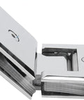 Close-up of Beefy 135 Degree Door Hinges for 8-12mm Glass with mirror finish, showing plated clip and mounting screws.