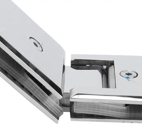Close-up of Beefy 135 Degree Door Hinges for 8-12mm Glass with mirror finish, showing plated clip and mounting screws.