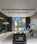 No Sweat Laser Distance Meter With Straight Up Plus Or Minus Two Millimeter Accuracy Up To 165 Feet And Eleven Smart Modes For Crushing Your Toughest Building Projects displaying various distance measurements in a modern living room.