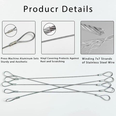 Five Pack Luggage Safety Cables, Braided Stainless Steel With Loops, 12 Inch Length, 2mm Thickness, close-up of details and uses.