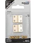 Decorative Brass Broad Hinges For Light Duty Doors Three Quarter By One Inch Surface Mount Four Pack With Four Hole Mounts Two Pound Load National Hardware Hinges in packaging