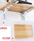 Two Pack Folding Triangle Shelf Brackets Wall Mounted for Tools and Benches 12 Inch White Heavy Duty Spring Support Open Close View