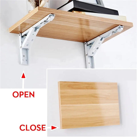 Two Pack Folding Triangle Shelf Brackets Wall Mounted for Tools and Benches 12 Inch White Heavy Duty Spring Support Open Close View