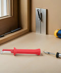 Heavy Duty Insulated Wire Stripper Knife With No Sweat Cable Cutting Razor Ergonomic Grip Handle on a workbench with tools.