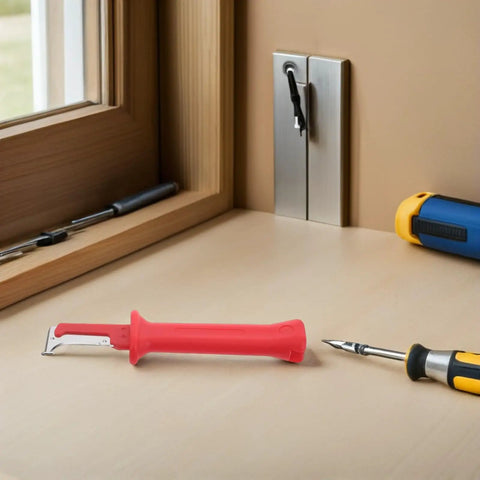 Heavy Duty Insulated Wire Stripper Knife With No Sweat Cable Cutting Razor Ergonomic Grip Handle on a workbench with tools.