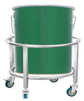 Heavy Duty Steel Drum Dolly Cart For Moving Industrial Barrels Kitchen Soup Pots And Milk Buckets Adjustable Height Roller Rack with green container and smooth rollers.