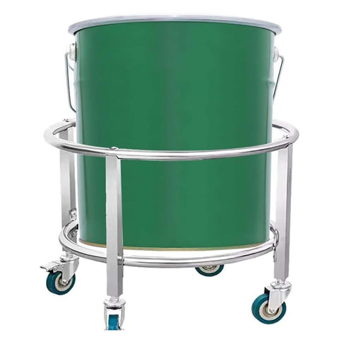 Heavy Duty Steel Drum Dolly Cart For Moving Industrial Barrels Kitchen Soup Pots And Milk Buckets Adjustable Height Roller Rack with green container and smooth rollers.