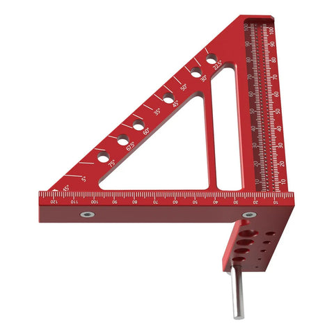 Pro Grade Square Scribing Ruler With Rust Resistant Aluminum, burr-free edges, five angle presets, precision markings, red
