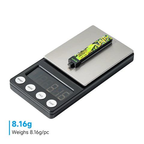 Lava II 1S LiHV Battery 320mAh 95C With BT2 Connector on digital scale weighing 8.16 grams for Tiny Whoop drones