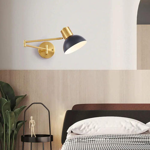Industrial Metal Swing Arm Wall Sconce With A Sleek Dome Shade And Knockout Build For Cozy Bedroom Or Living Room Reading Vibes E27 Socket Modern Wall Fixture Black Brass Finish mounted above bed