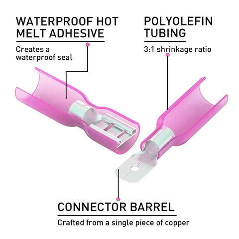 Waterproof spade crimp connector with hot melt adhesive and polyolefin tubing from All In One 220 Piece Wire Spade Connectors Kit.