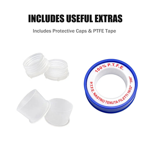 Includes useful extras for High Grade Top Shelf Air Compressor Jumper Hose: protective caps and PTFE tape.