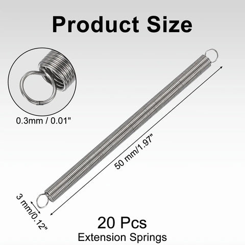 20 Pack Heavy Duty Extension Springs Made Of 304 Stainless Steel For Tough Jobs. 50mm length 3mm hook for mechanical use.