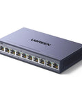 10 Port PoE Switch With 8 PoE Plus Ports Up To 60W Budget And 2 Gigabit Uplinks, metal network hub, front angled view