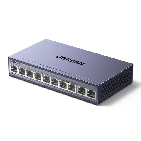10 Port PoE Switch With 8 PoE Plus Ports Up To 60W Budget And 2 Gigabit Uplinks, metal network hub, front angled view