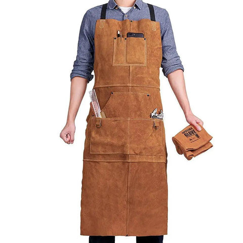 Leather Welding Apron With Flame Resistant Shield And Six Tool Pockets, worn by a person holding gloves, showcasing durability and utility.