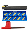 Lathe grooving tool holder MGEHR1212-2 with 11 MGMN200-G carbide inserts in blue insert tray