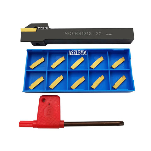 Lathe grooving tool holder MGEHR1212-2 with 11 MGMN200-G carbide inserts in blue insert tray