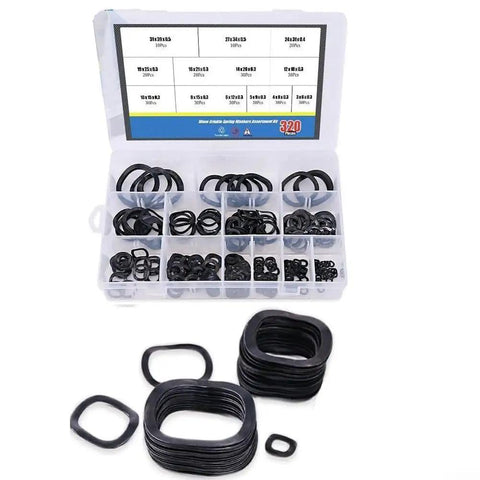 Vibration Resistant Curved Spring Washer Kit In Carbon Steel Wave Lock Washers For Motors And Appliances 320 Pieces With 15 Sizes From 3mm To 39mm Heavy Duty Fastener Security For Electrical Connections And Home Repairs, open assortment box