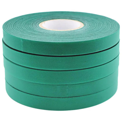 Green Plant Tie Tape Rolls 6 Mil Thick Half Inch Wide 200 Feet Each For Large Tapeners stacked, green color.