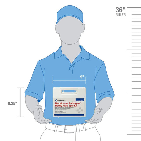 Front view of white First Aid Only 214-U/FAO bloodborne pathogen spill kit case held by a person in a blue uniform
