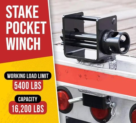 Stake pocket winch mounted on trailer, capacity 16,200 lbs, working load 5,400 lbs, black powder coat