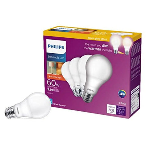 Box of 4 Frosted A19 LED Light Bulbs With Warm Glow Effect, 800 Lumens, Dimmable Soft White 2700K To 2200K, E26 Base