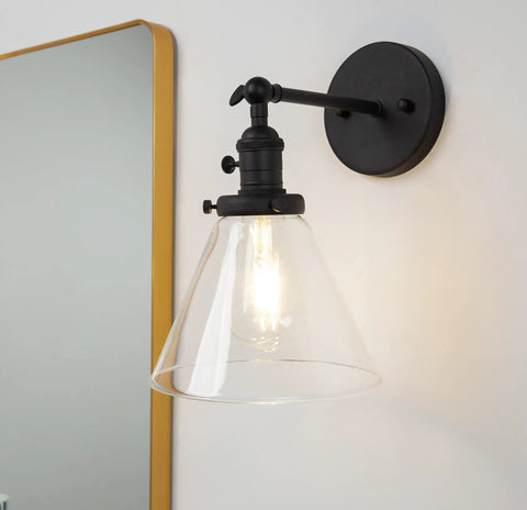 Hardwired Wall Sconce With Switch For Indoor Lighting showing funnel clear glass shade and on/off switch, mounted on wall.