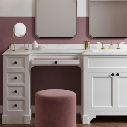 Vanity with 10 Pack 1-1/5 Inch (30mm) Cabinet Knobs Matte Black For Cabinets, Dresser, And Kitchen Drawers installed